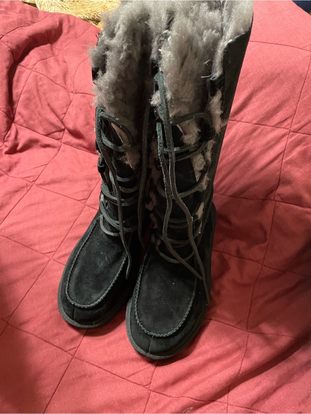 UGG Black Suede Tall Lace-Up Winter Boots with Gray Shearling